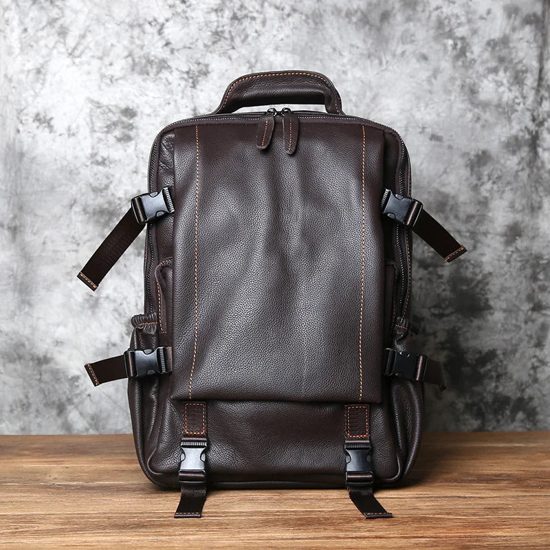 Men's Genuine Leather Backpack – Natural Cowhide, Laptop Compatible, Two Sizes