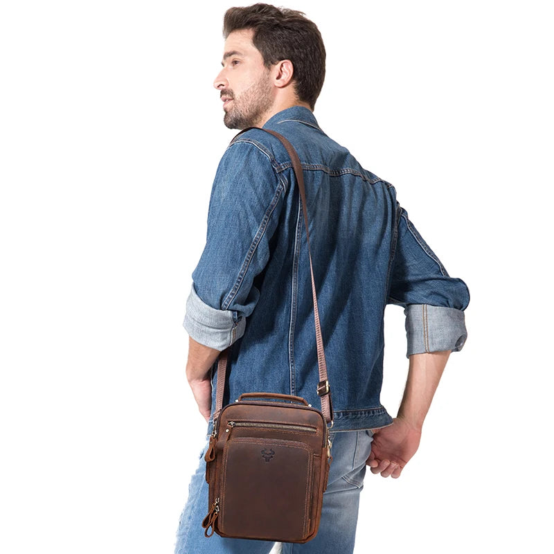 Vintage Crazy Horse Leather Shoulder Bag for Men — Large Capacity Messenger & Travel Tote