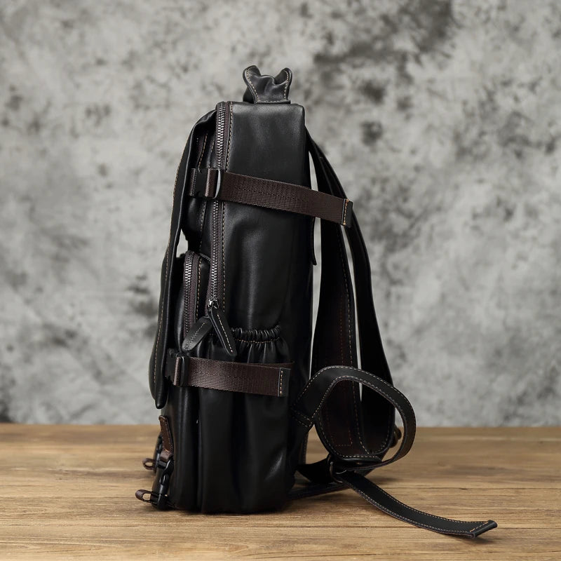 Men's Genuine Leather Backpack – Natural Cowhide, Laptop Compatible, Two Sizes