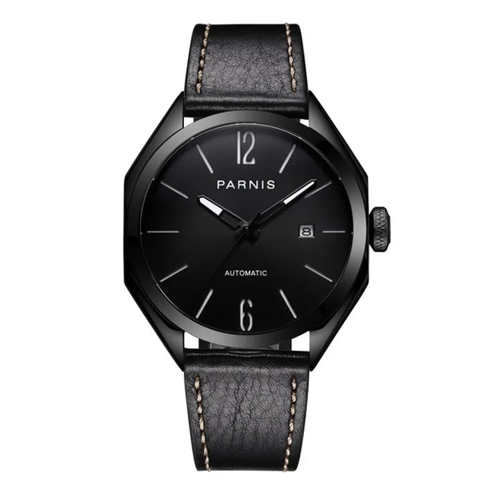 men automatic watch,mens watches luxury brand PARNIS man self wind mechanical wristwatch waterproof clock relogio leather strap