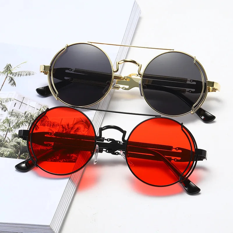 SO&EI Fashion Round Punk Sunglasses Men Retro Metal Double Spring Eyewear Unique Women Sun Glasses UV400
