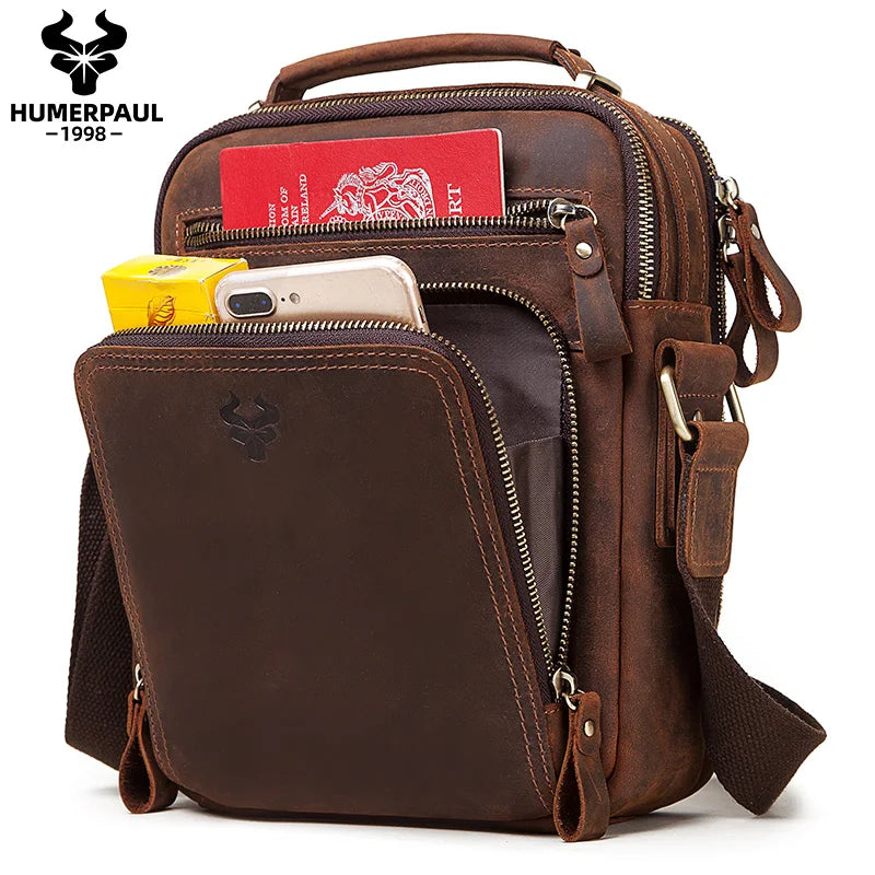 Vintage Crazy Horse Leather Shoulder Bag for Men — Large Capacity Messenger & Travel Tote