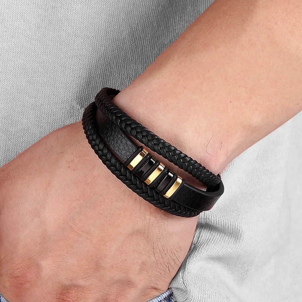 European And American Popular Stainless Steel Leather Bracelet Men's Multilayer Woven Leather Bracelet