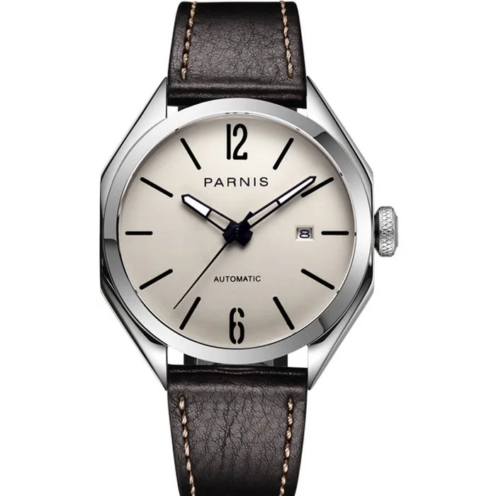 men automatic watch,mens watches luxury brand PARNIS man self wind mechanical wristwatch waterproof clock relogio leather strap