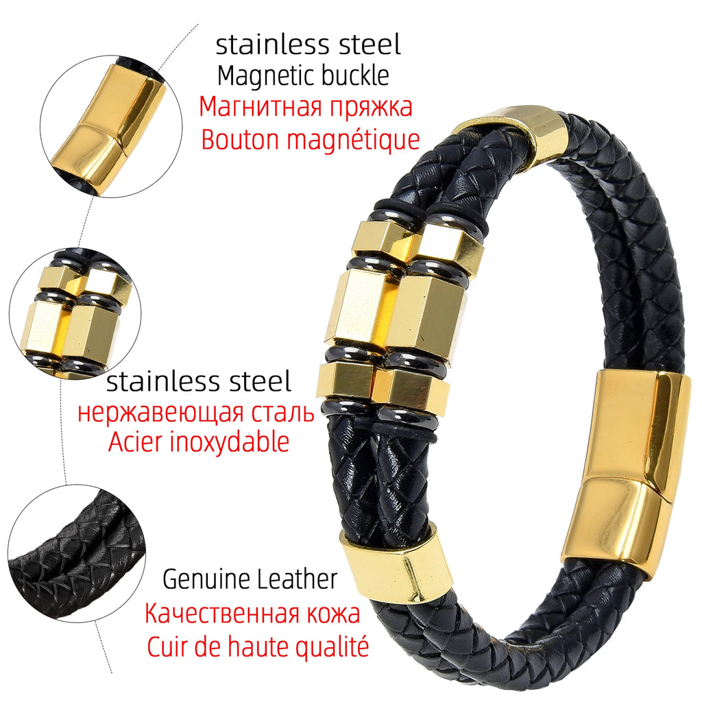 Mens Fashion Jewelry Multilayer Genuine Leather Bracelets Bangles Geometric Stainless Steel Charm Bracelet Men Gifts