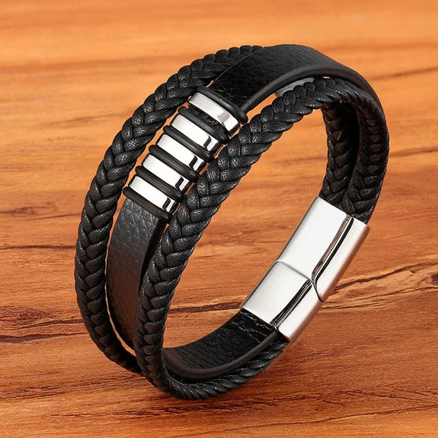 Men's Multilayer Woven Leather Bracelet – 316L Stainless Steel Magnetic Clasp