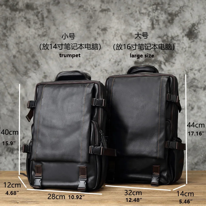 Men's Genuine Leather Backpack – Natural Cowhide, Laptop Compatible, Two Sizes