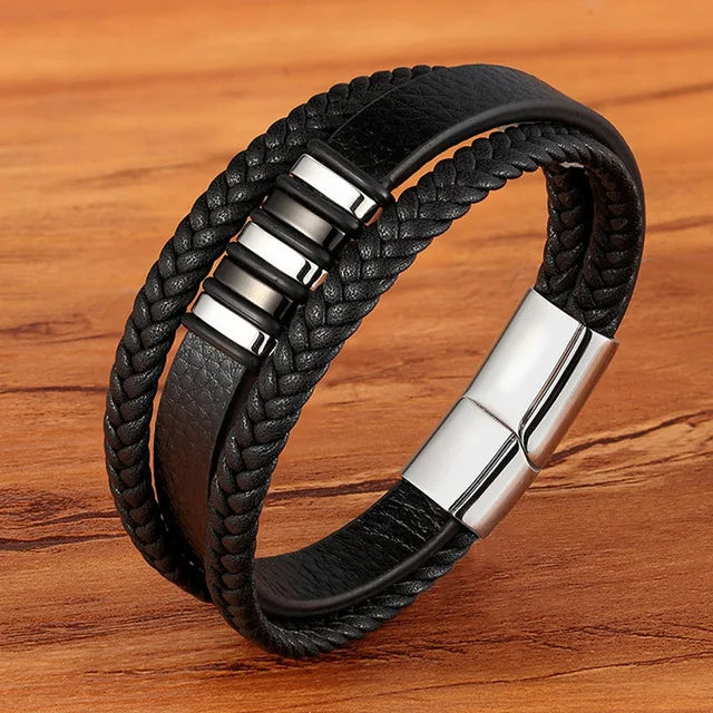 Men's Multilayer Woven Leather Bracelet – 316L Stainless Steel Magnetic Clasp