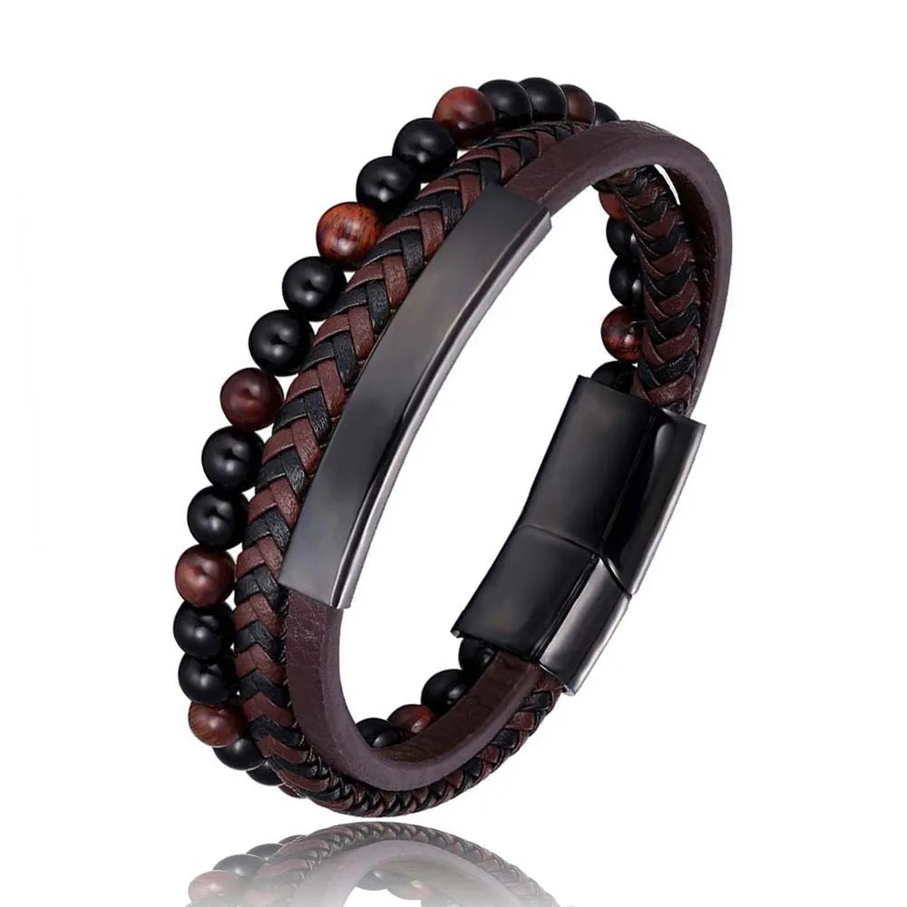 Men's Tiger Eye Bead & Leather Braided Bracelet – Stainless Steel Magnetic Clasp