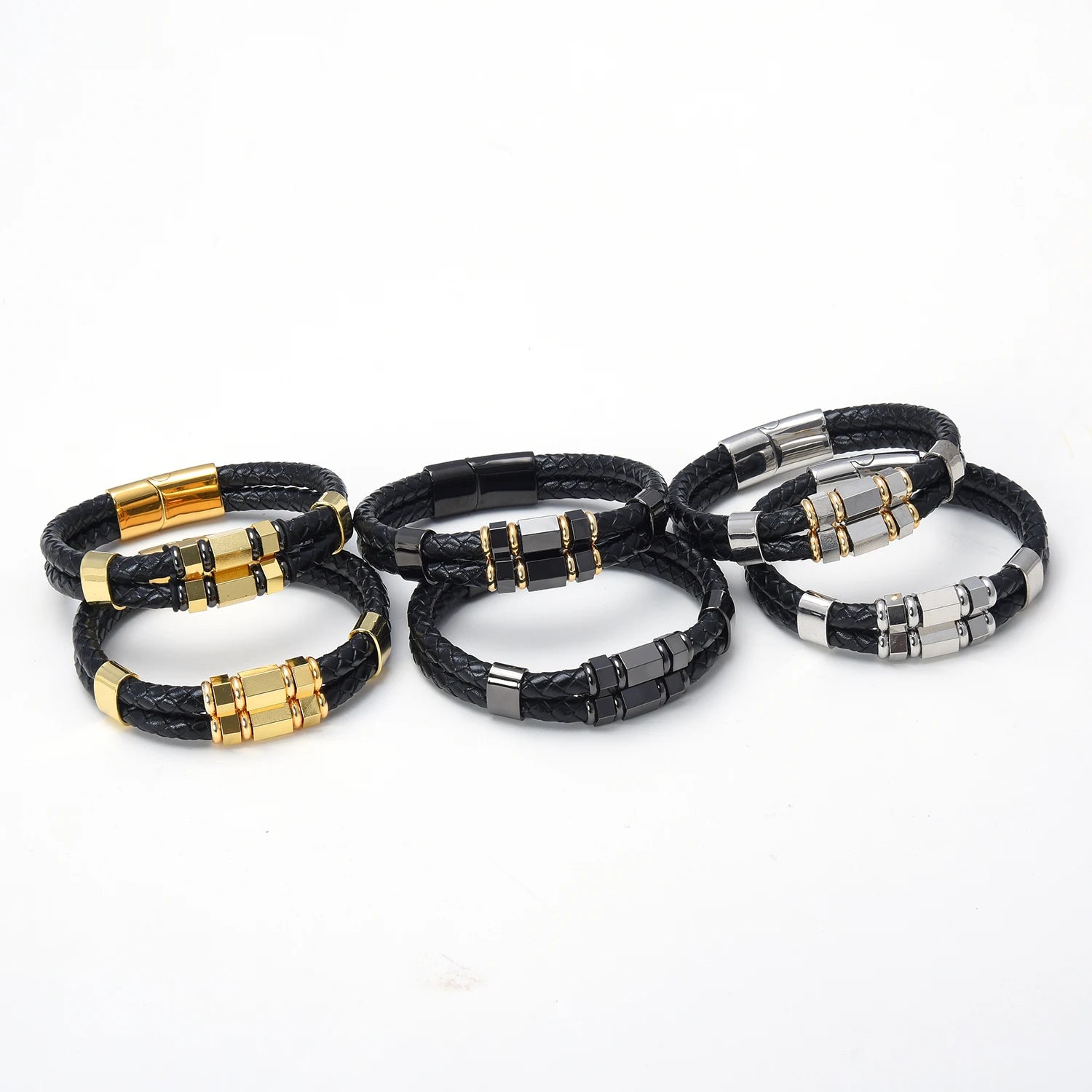 Mens Fashion Jewelry Multilayer Genuine Leather Bracelets Bangles Geometric Stainless Steel Charm Bracelet Men Gifts
