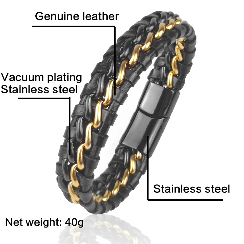 Genuine Leather Chain Bracelet for Men Magnetic Stainless Steel Clasp in Plated Gold Exclusive Jewellery Gift Wholesale Choice