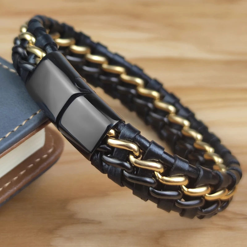 Genuine Leather Chain Bracelet for Men Magnetic Stainless Steel Clasp in Plated Gold Exclusive Jewellery Gift Wholesale Choice