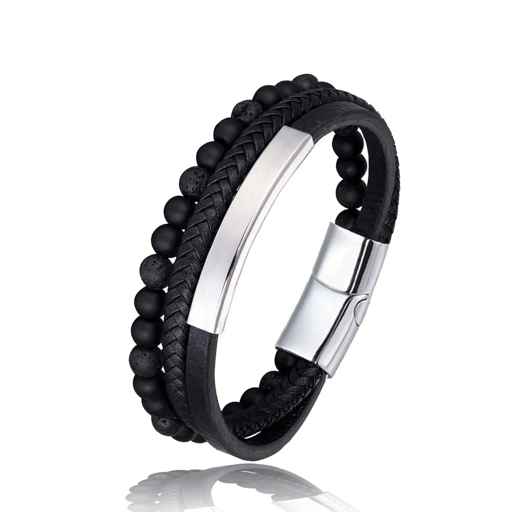 Men's Tiger Eye Bead & Leather Braided Bracelet – Stainless Steel Magnetic Clasp