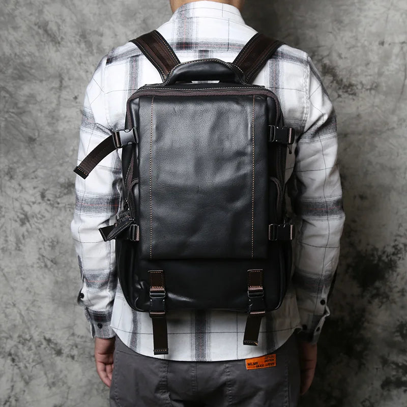 Men's Genuine Leather Backpack – Natural Cowhide, Laptop Compatible, Two Sizes