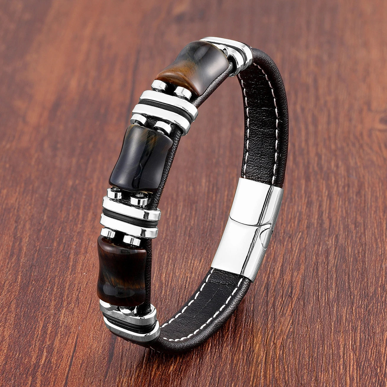 Men's Natural Tiger Eye Stone Bracelet – Leather Rope Chain & Stainless Steel