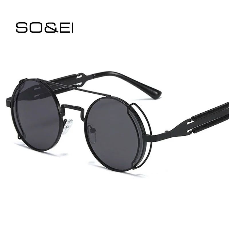 SO&EI Fashion Round Punk Sunglasses Men Retro Metal Double Spring Eyewear Unique Women Sun Glasses UV400
