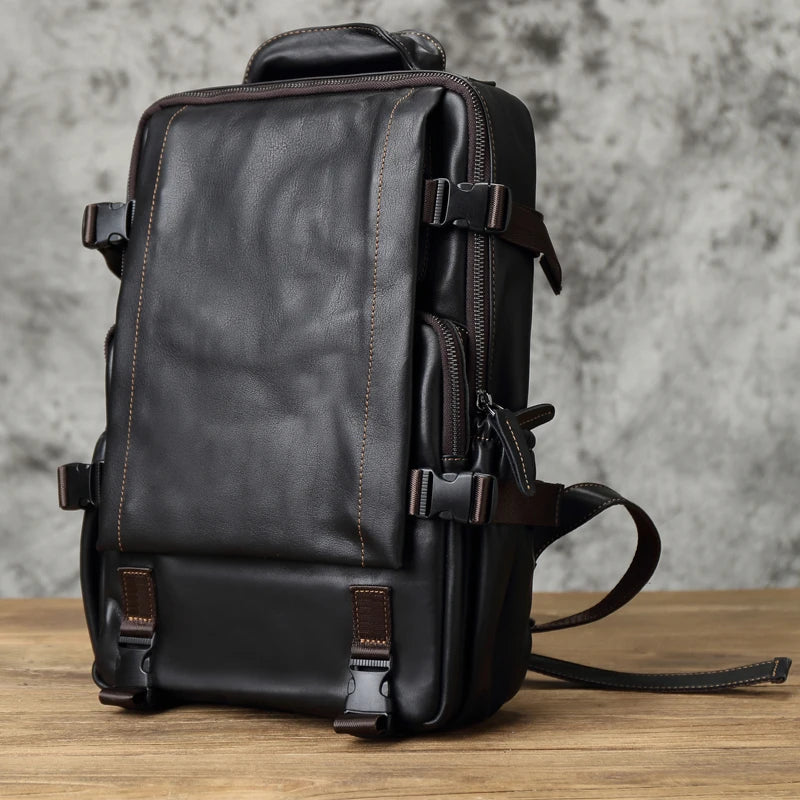 Men's Genuine Leather Backpack – Natural Cowhide, Laptop Compatible, Two Sizes
