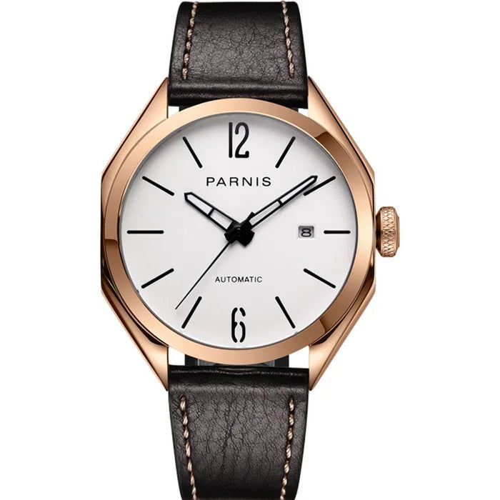 men automatic watch,mens watches luxury brand PARNIS man self wind mechanical wristwatch waterproof clock relogio leather strap