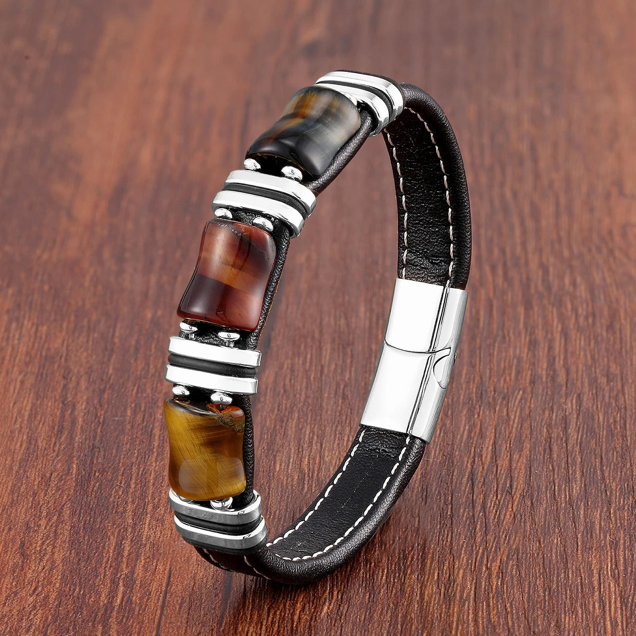 Men's Natural Tiger Eye Stone Bracelet – Leather Rope Chain & Stainless Steel
