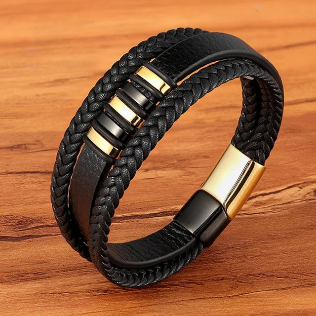 Men's Multilayer Woven Leather Bracelet – 316L Stainless Steel Magnetic Clasp