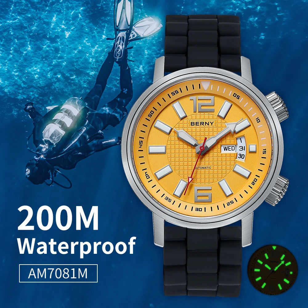 BERNY AM7081M Automatic Dive Watch – Miyota 8205, Sapphire Crystal & Caseback, 200m Water Resistant
