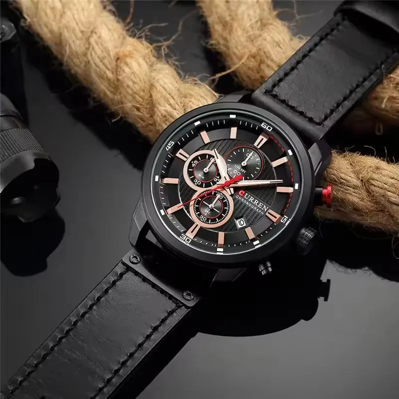 CURREN 8291 Chronograph Sport Watch | Quartz | Luminous | Leather Strap | Date