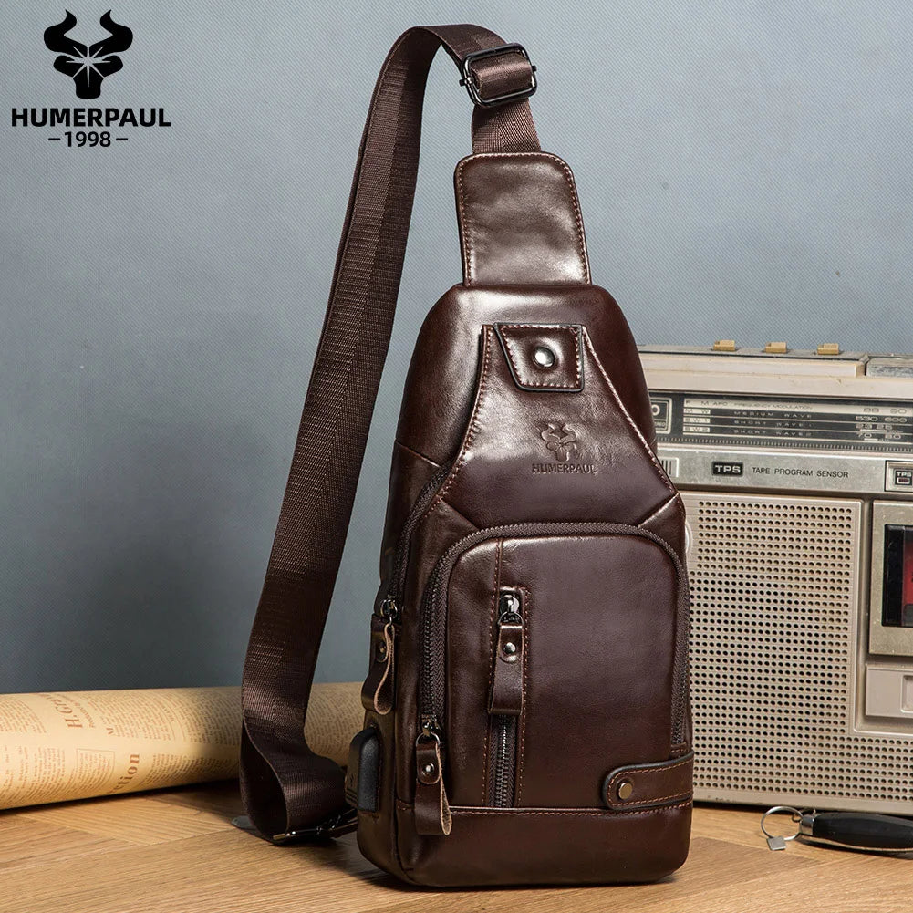 Genuine Leather Chest Bag for Men — USB Charging Crossbody & Shoulder Pack