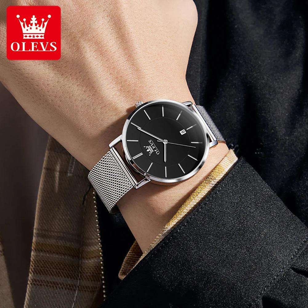 OLEVS Brand 5869 Ultra Thin 6.5mm Minimalist Fashion Quartz Watch for Men Mesh Steel Strap Auto Date Waterproof Men Wristwatches