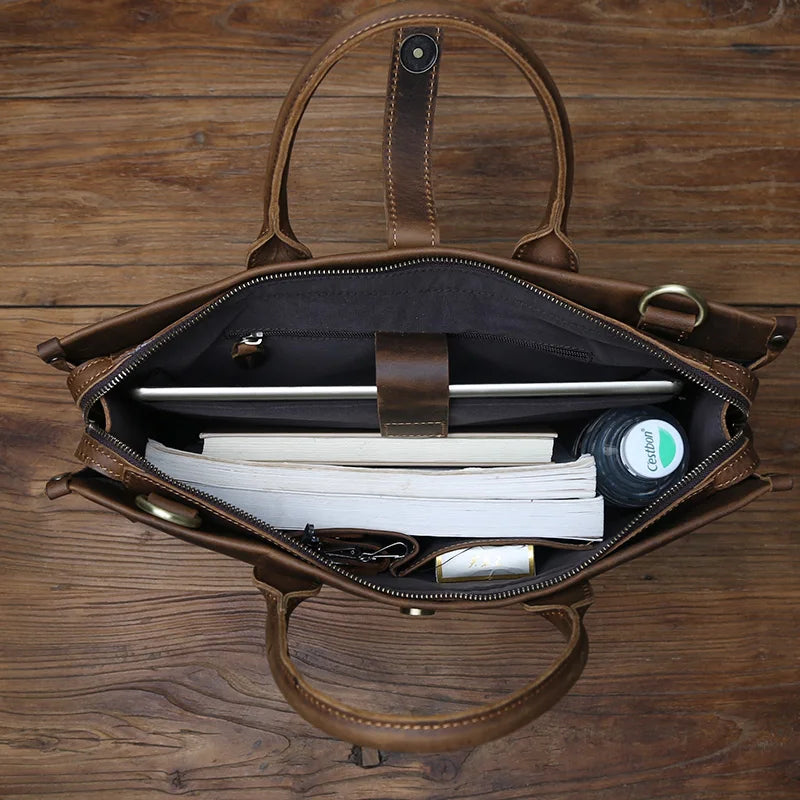 Men's Crazy Horse Leather Briefcase – Satchel Style, Embroidery Detail, 15" Laptop