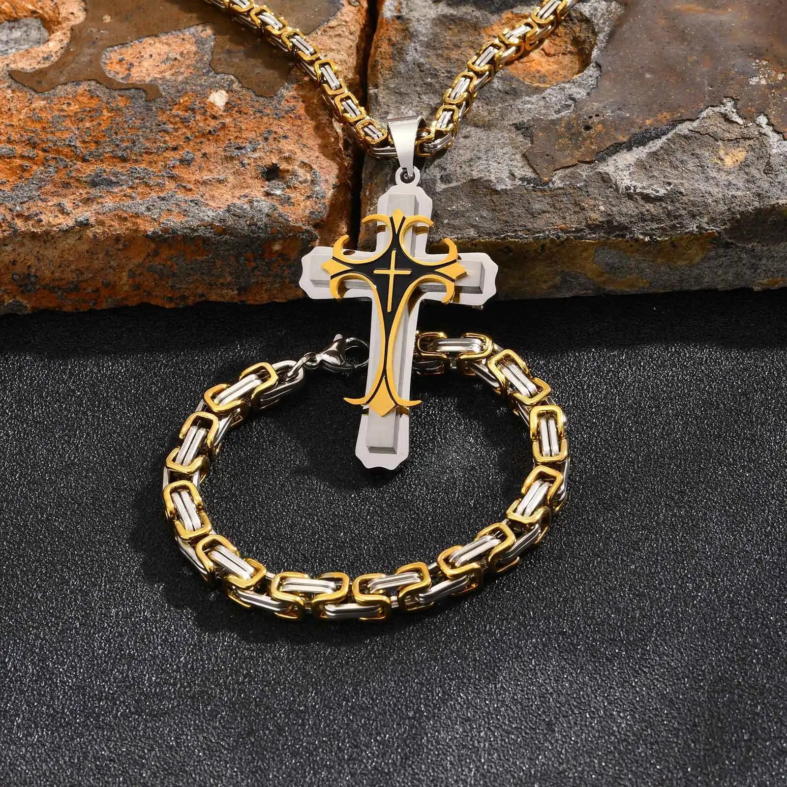 Mens Cross Pendant Necklace Sets,Two Tone Stainless Steel Byzantine Bracelets,Punk Jewelry Sets Gift to Husband Father Dad BBF