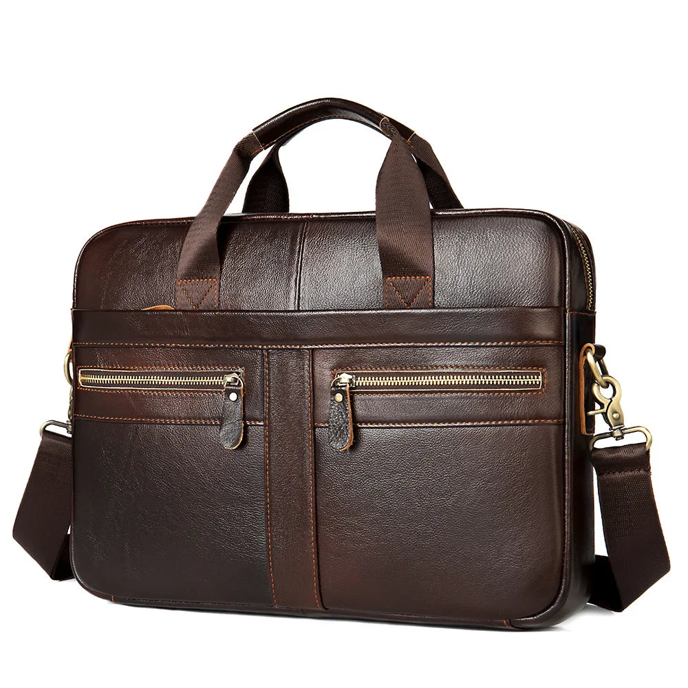 Top-Grain Cowhide Leather Briefcase | Business Laptop Bag with Shoulder Strap