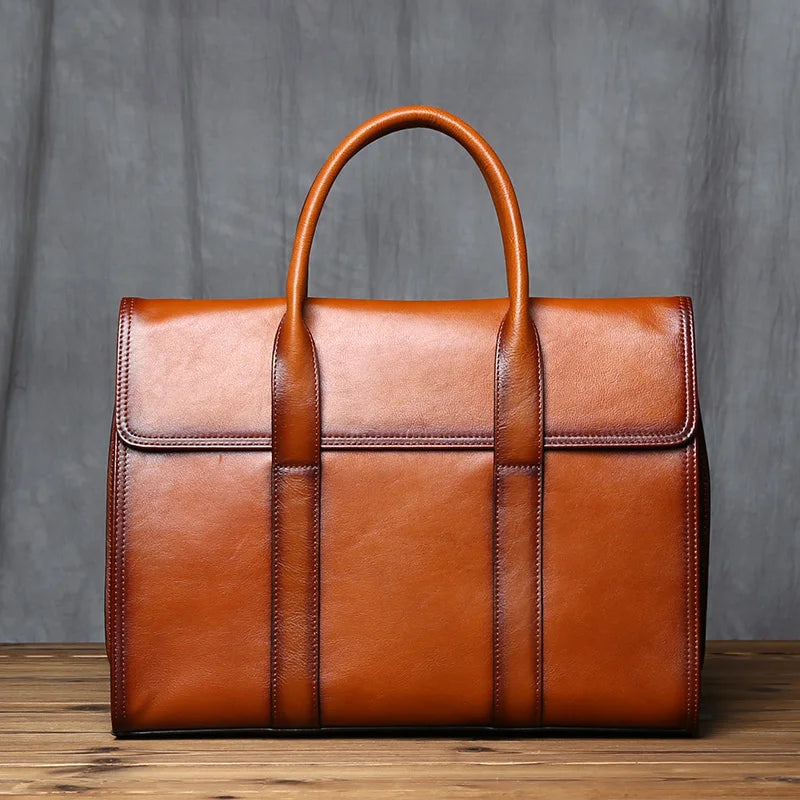 Men's Genuine Leather Briefcase – Magnetic Hasp Satchel, Trolley Sleeve, 14" Laptop