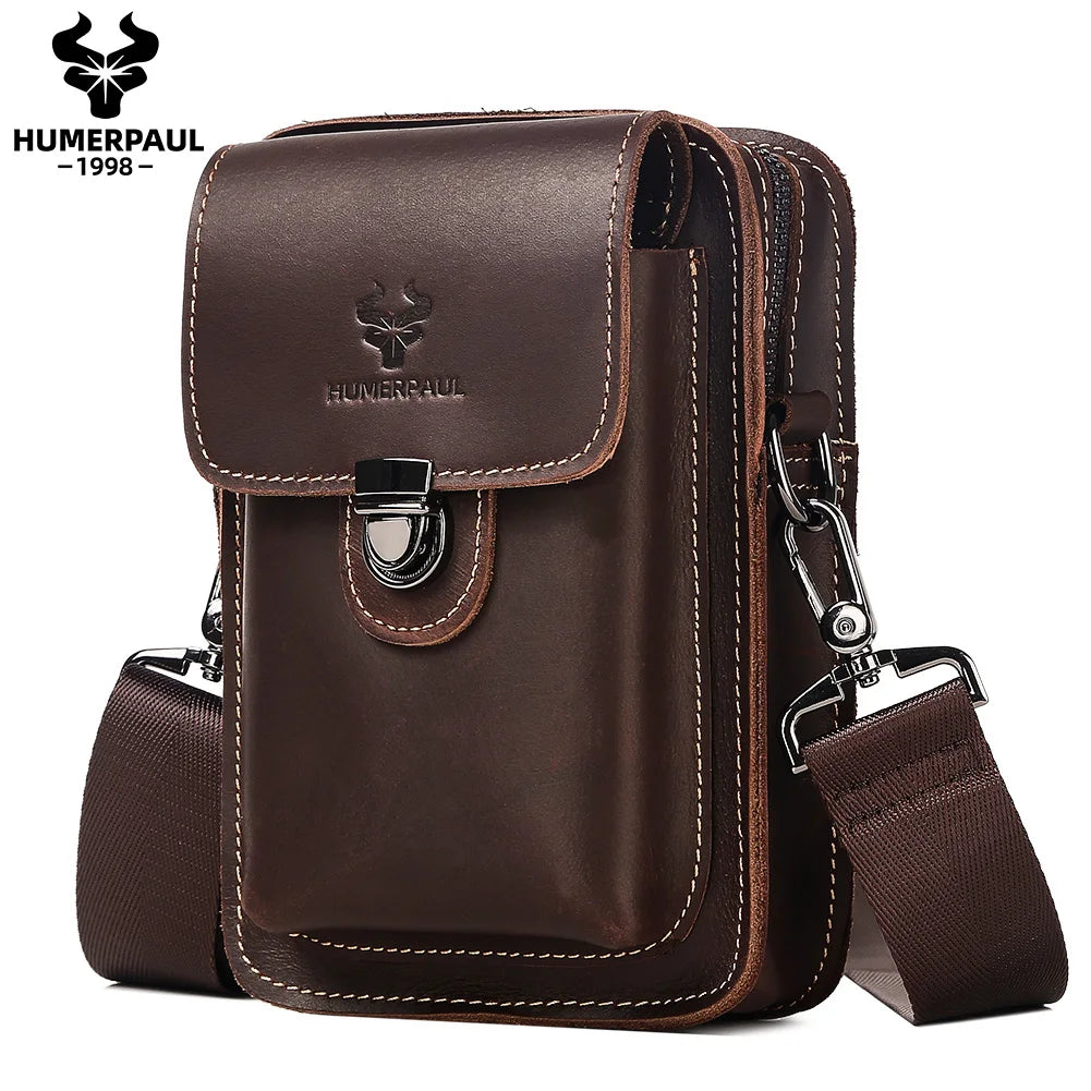Crazy Horse Leather Waist Bag for Men — Multifunctional Phone Pouch & Shoulder Pack