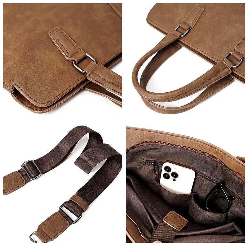 FANNYYEE Vintage Briefcase | PU Leather, 14" Laptop, Top Handle & Shoulder Strap