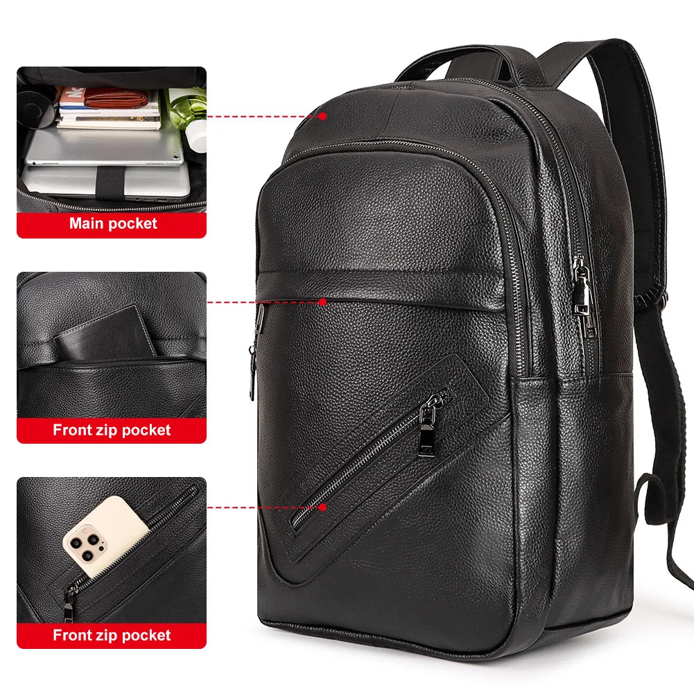 Genuine Leather Rucksack for Men — Classic Casual Daypack & Office Backpack