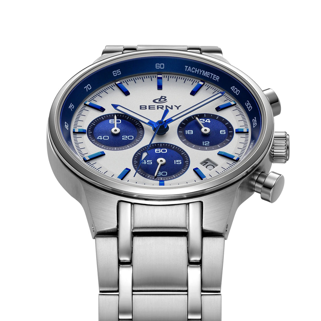 BERNY 2825M Quartz Chronograph Watch – Panda Dial, Sapphire-Coated Crystal, 38mm Stainless Steel