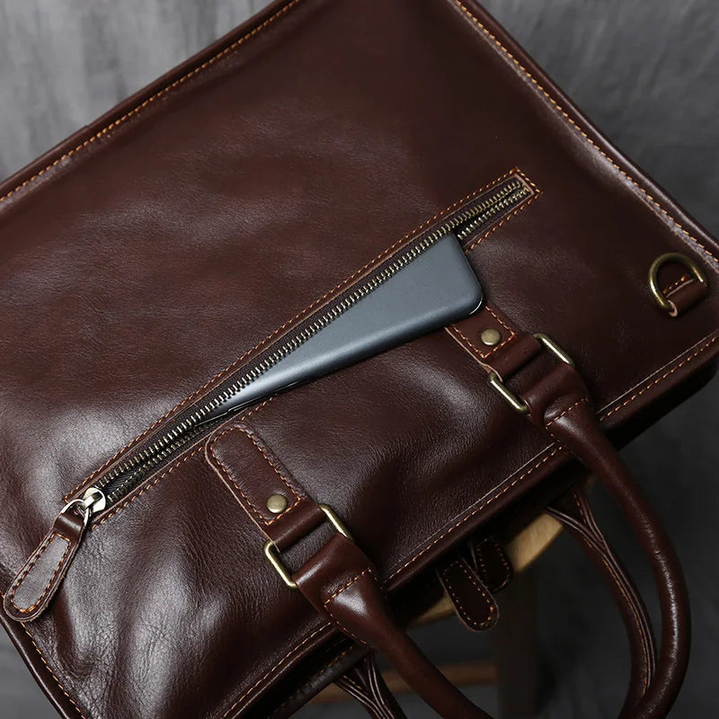Men's Crazy Horse Leather Briefcase – Slim Natural Cowhide, 14" Laptop, Shoulder & Crossbody