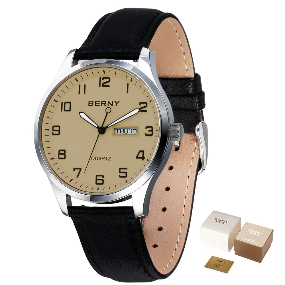 BERNY 2671M Business Dress Watch | Miyota 2105 | Genuine Leather | Day-Date