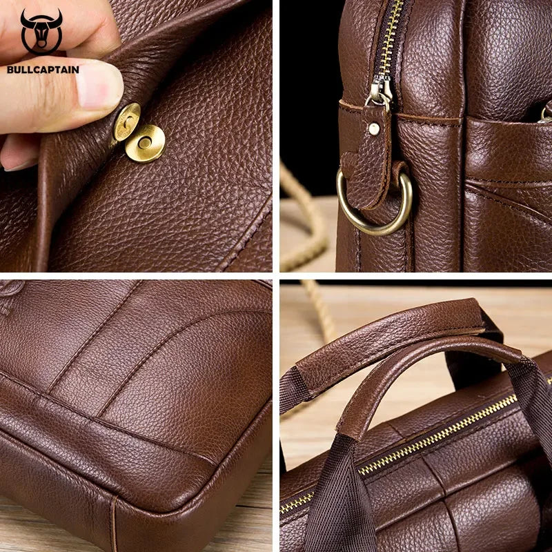 BULLCAPTAIN Genuine Leather Briefcase | 14" Laptop Bag with Detachable Shoulder Strap