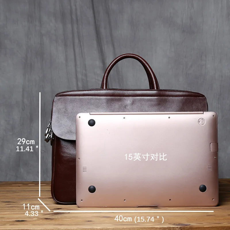 Men's Genuine Leather Briefcase – Vintage Natural Cowhide, 16" Laptop & iPad Compatible