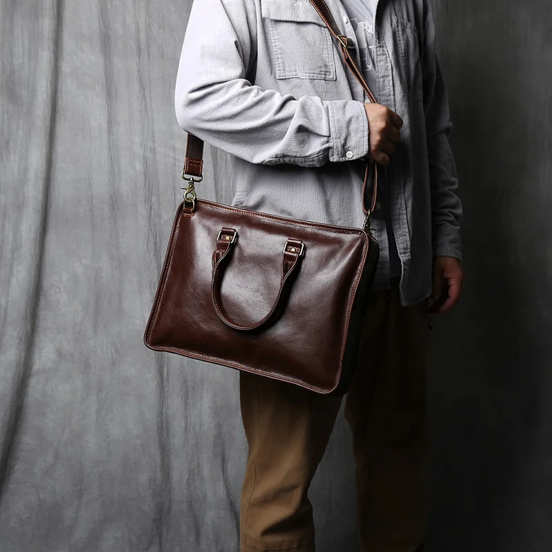 Men's Crazy Horse Leather Briefcase – Slim Natural Cowhide, 14" Laptop, Shoulder & Crossbody