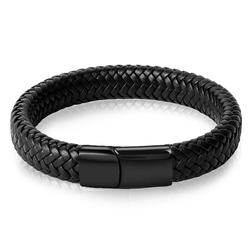 Men's Braided Leather Bracelet – Stainless Steel Buckle Clasp, Handmade Bangle