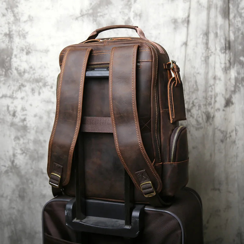 Men's Crazy Horse Leather Backpack – Large Capacity Cowhide, 3 iPad Slots, Travel & Laptop