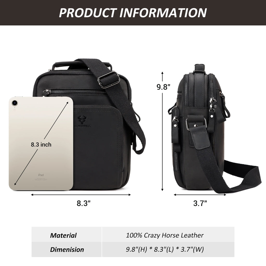 Full Grain Leather Shoulder Bag for Men — Crossbody Messenger with iPad Compartment