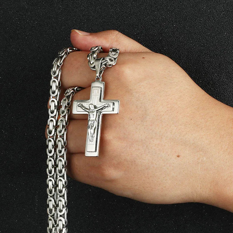 Stainless Steel Long Byzantine Chain Christian Crucifix Jesus Cross Pendants Necklaces for Men Necklace Religious Jewelry colar