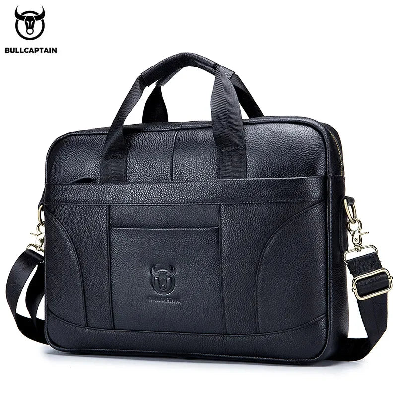 BULLCAPTAIN Genuine Leather Briefcase | 14" Laptop Bag with Detachable Shoulder Strap