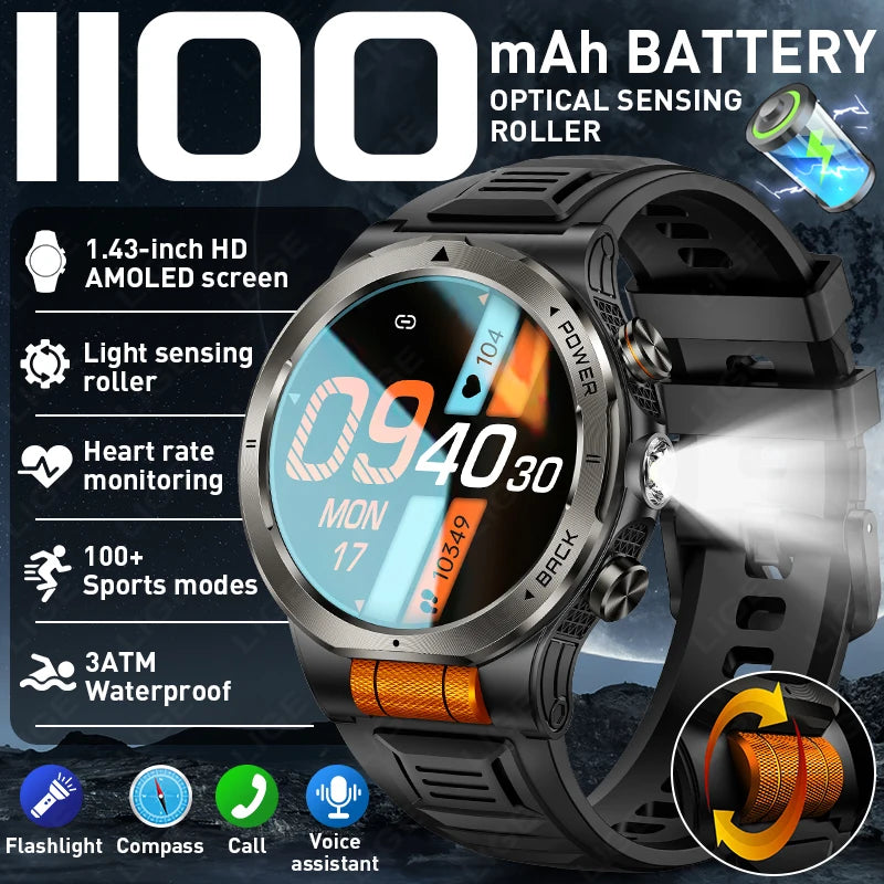 LIGE Smart Watch – 1.43" AMOLED, 1100mAh Battery, GPS, Compass, 3ATM
