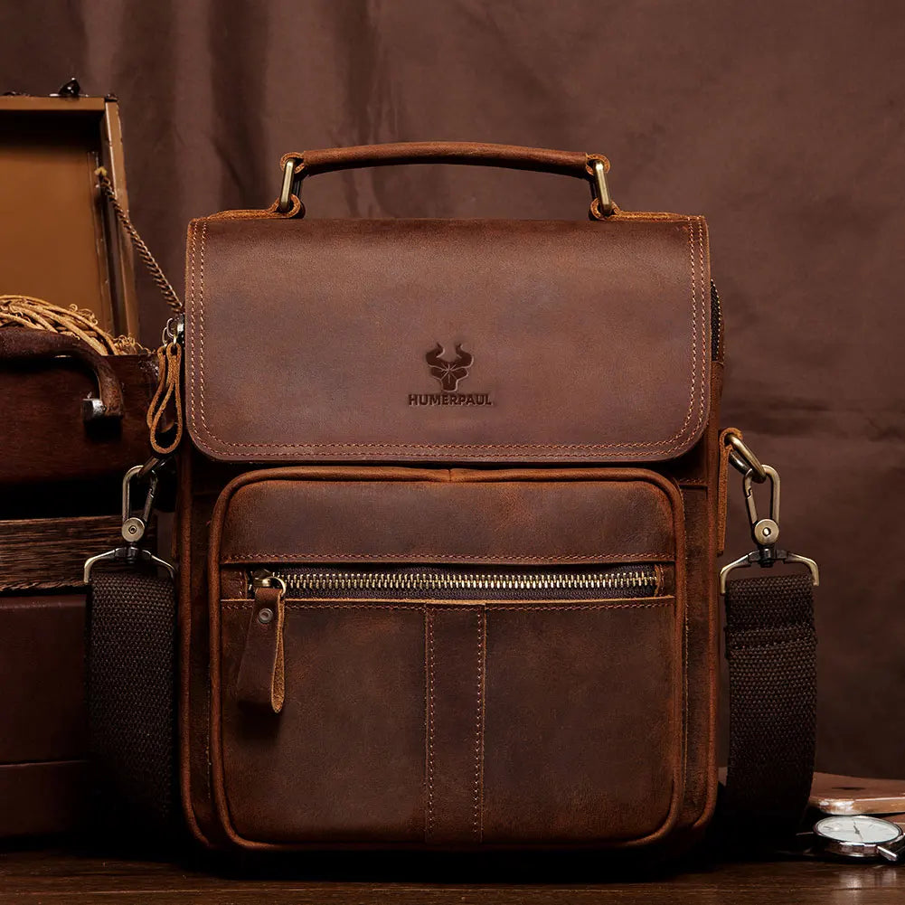Genuine Leather Business Shoulder Bag for Men — Vintage Crossbody Messenger with Adjustable Strap