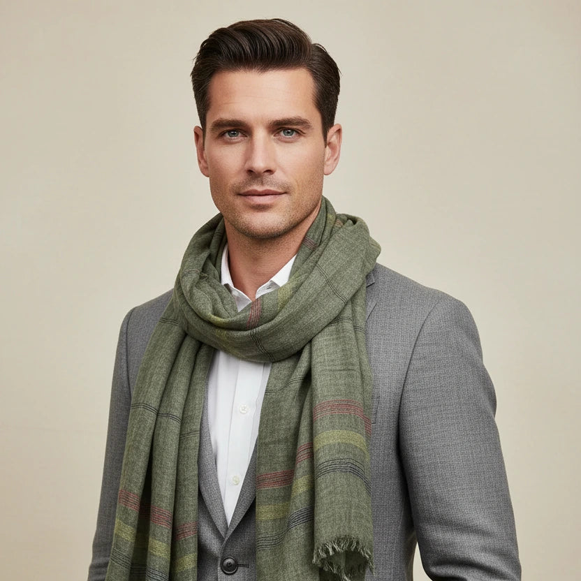 Men's Yarn-Dyed Striped Cotton Linen Scarf | Tassel Shawl & Wrap