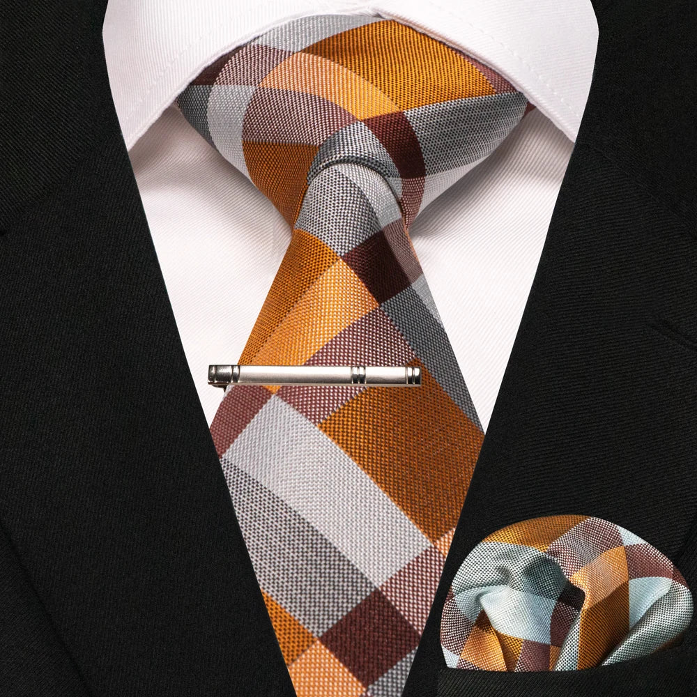 Men's Plaid Necktie Set – Tie, Pocket Square & Clip | 8cm
